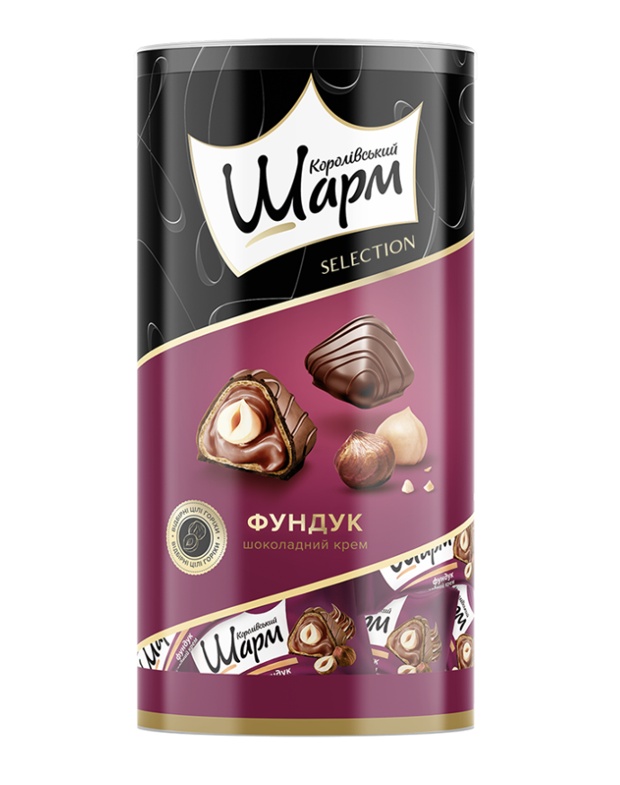 Цукерки Королівський шарм АВК з цілим фундуком і шоколадним кремом (тубус) 235г